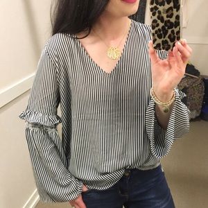 LOFT Striped Ruffle Bell Sleeve Blouse